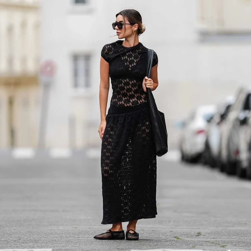 Chic in Black: Crochet Maxi Dress & Mesh Flats