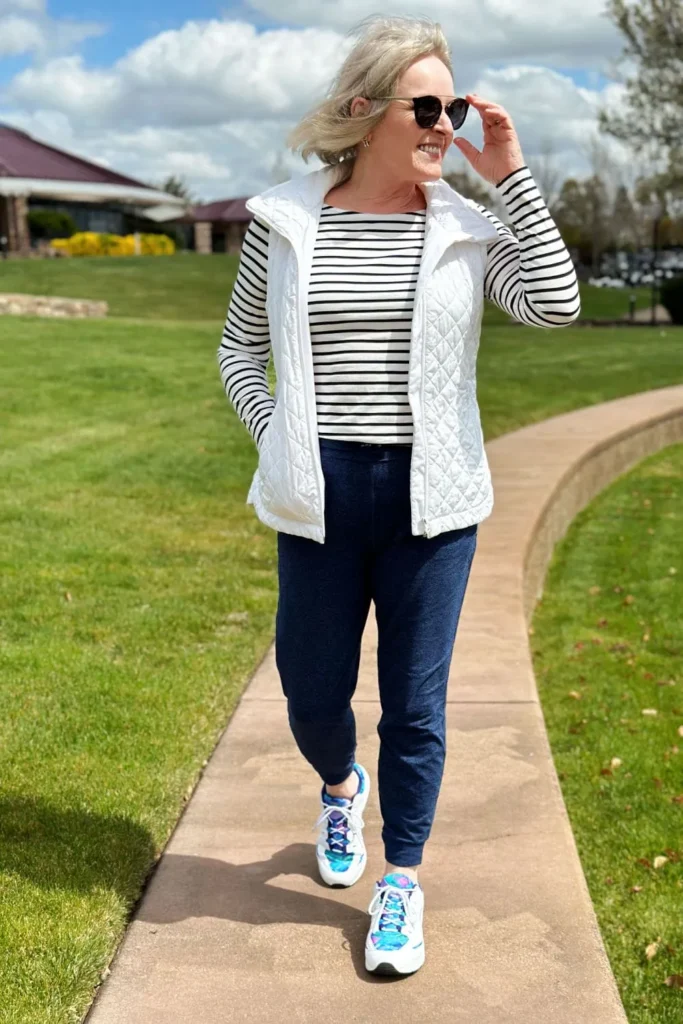 Effortless Athleisure: Striped Tee & Quilted Vest