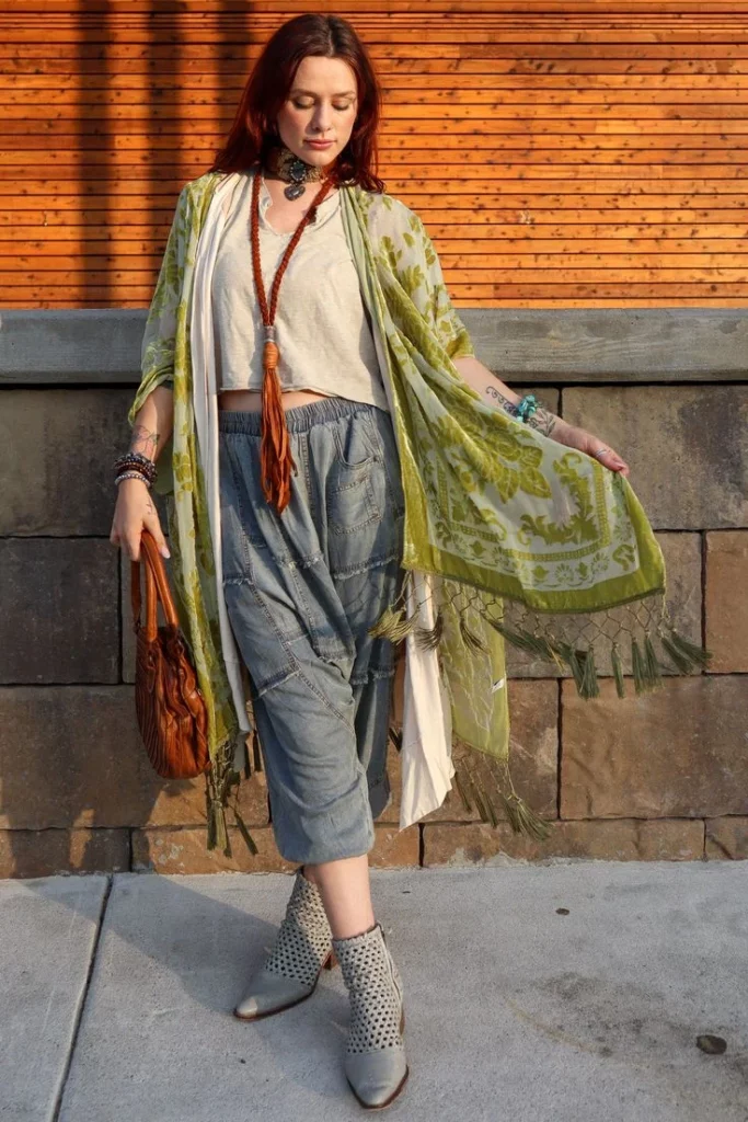 Free-Spirited Layers: Boho Kimono + Tank + High-Waisted Jeans