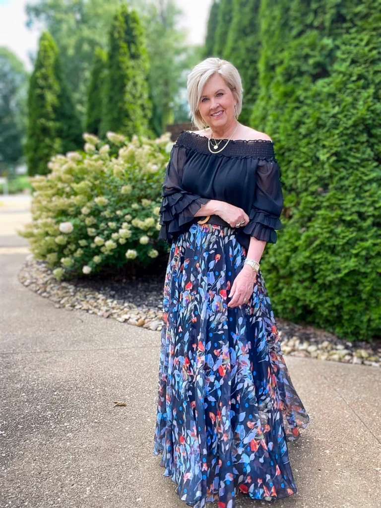 Elegant Flair: Off-Shoulder Blouse & Flowing Midi Skirt