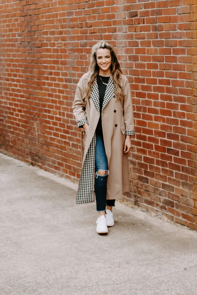 Classic Trench Coat with Gingham Lining + Ripped Skinny Jeans