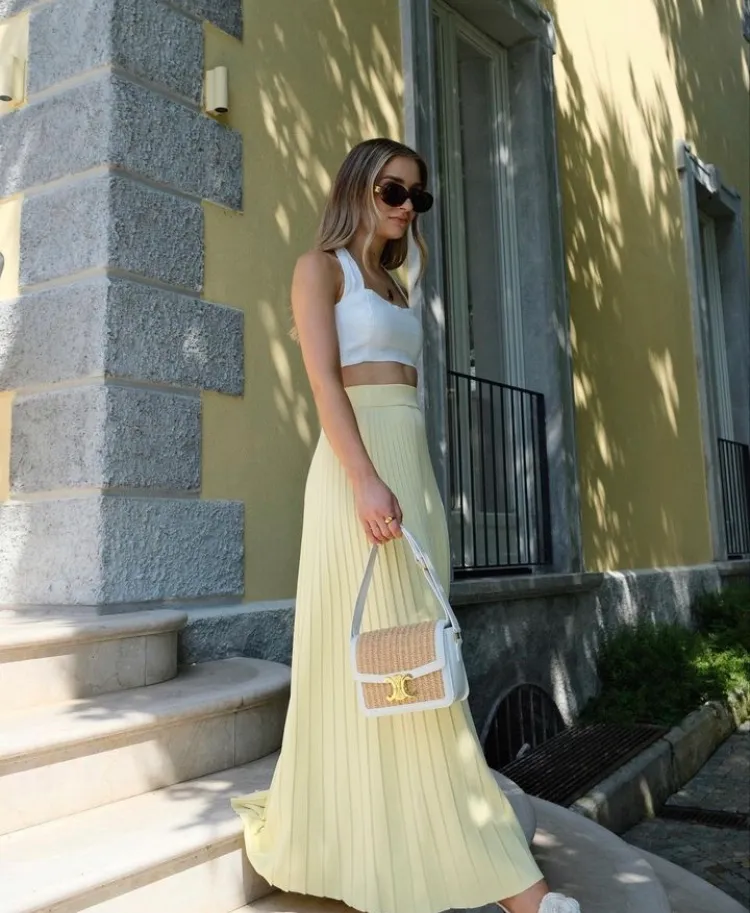 Effortlessly Elegant: Maxi Skirt + Crop Top + Statement Sunglasses