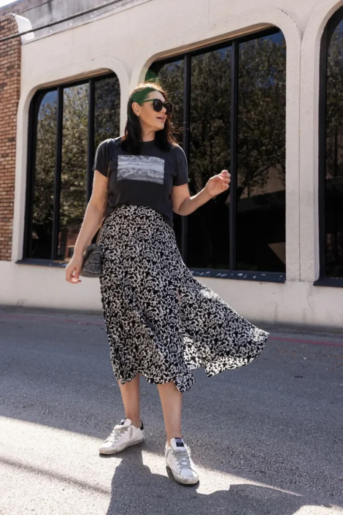 Effortless Chic: Graphic Tee + Flowing Midi Skirt + Sneakers