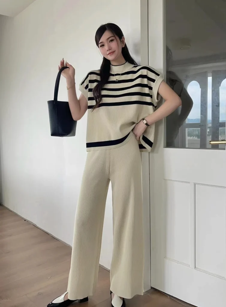 Chic Striped Knit Set + Wide-Leg Trousers