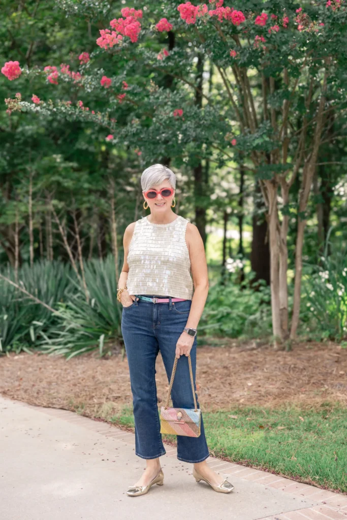 Sparkle & Denim: Sheer Blouse + Cuffed Jeans