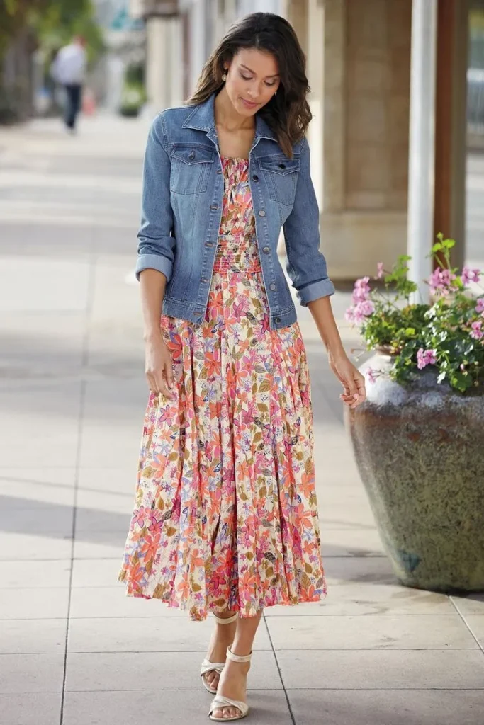 Cropped Denim Jacket + Floral Maxi Dress