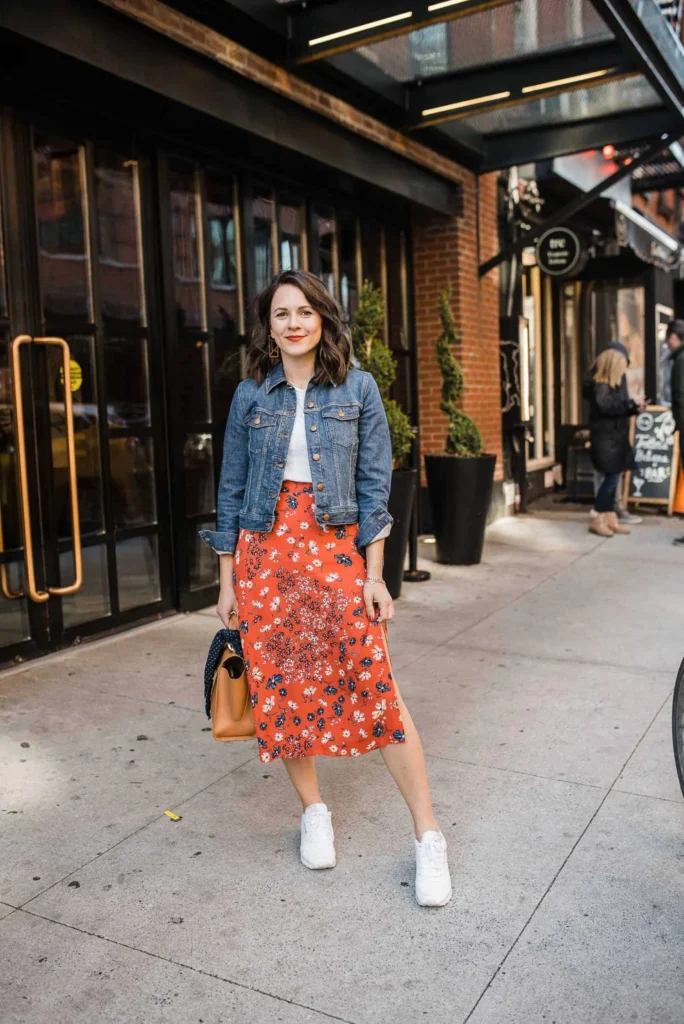 Floral Midi Skirt + Denim Jacket + Sneakers