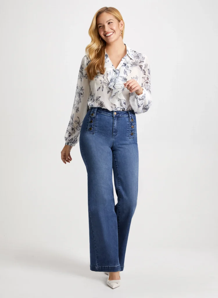 Ruffled Blouse + Straight-Leg Jeans