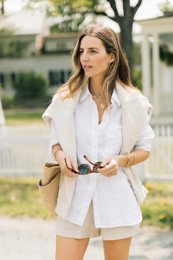 Chic Neutrals: White Button-Down & Tailored Linen Shorts