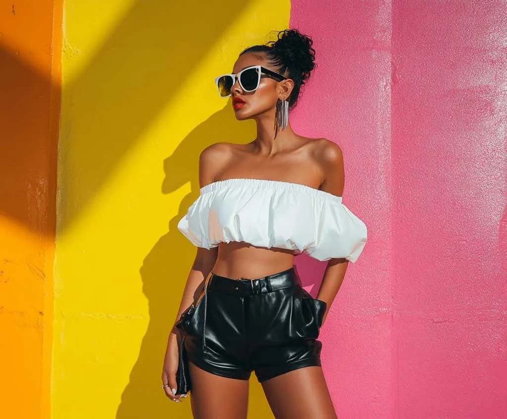 Bold & Breezy: Off-Shoulder Crop Top + Leather Shorts