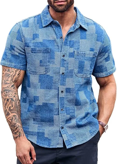 Modern Denim-Style Button-Up Shirt Layered Over Graphic Tee with Ripped Jeans