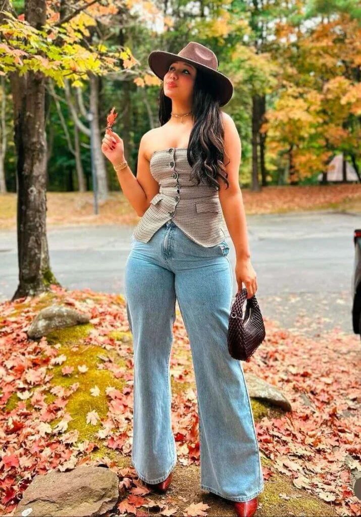 Boho Fall Vibes in Flared Jeans and Corset Top