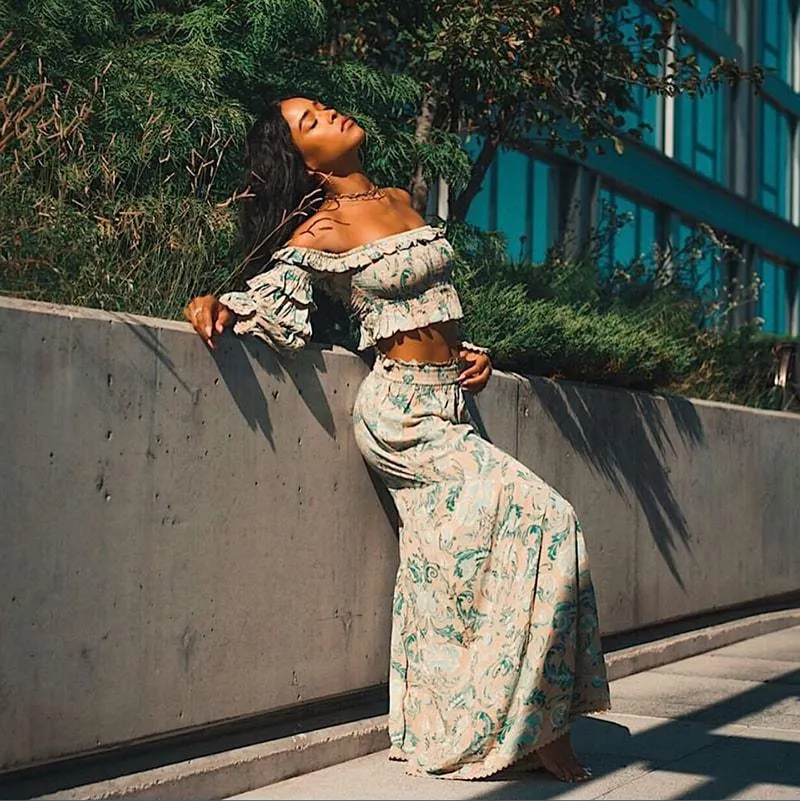 Boho Off-Shoulder Set with Wide-Leg Pants